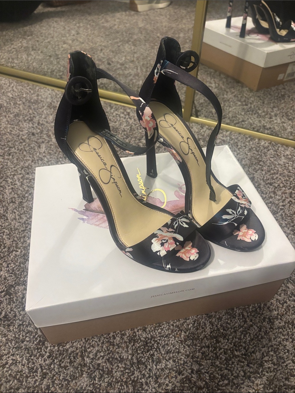 Jessica Simpson Black Floral Ankle-Strap Stiletto Heels